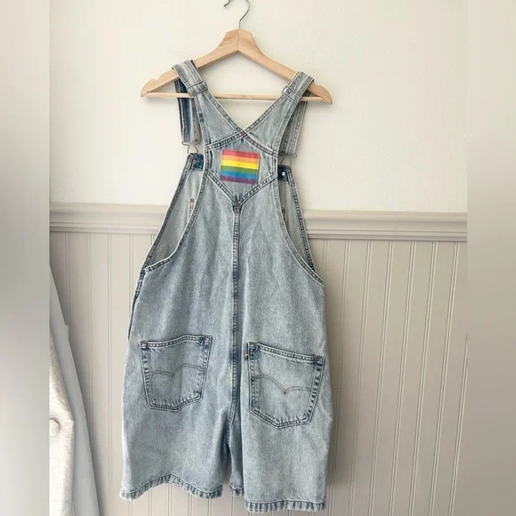 Rare Levi’s Pride Liberation Denim Short Overalls Medium Rainbow Patch - Picture 9 of 15